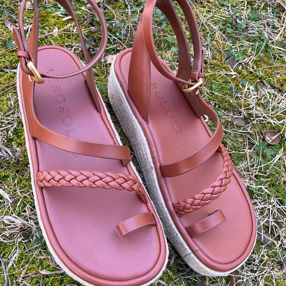 AEROSOLES Women's Brown Braided Sandals leather espadrille platform